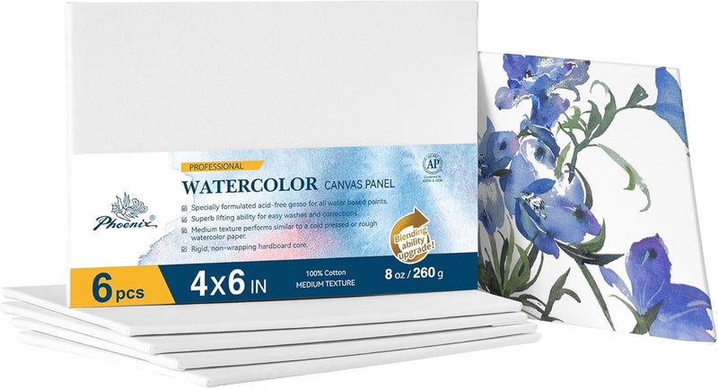 Phoenix Watercolor Canvas Boards for Painting - 4x6 Inch/6 Pack, 100% Cotton Water Color Small Canvas Panels, 8 Oz. / 260g White Blank Medium Texture Flat Canvases for Water Based Paints - Image 1